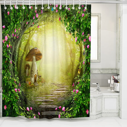 Duschvorhang Zauberwald mit Pilzhaus