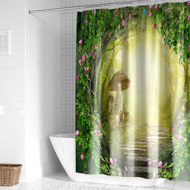Duschvorhang Zauberwald mit Pilzhaus