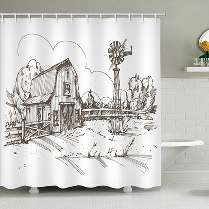 Duschvorhang Scheune als Bleistiftzeichnung Design