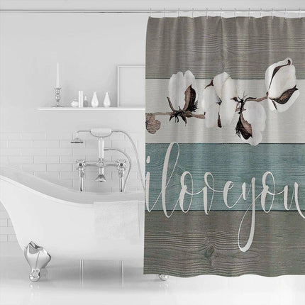 Duschvorhang Baumwollblumen auf Holz Optik