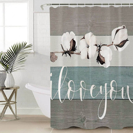 Duschvorhang Baumwollblumen auf Holz Optik