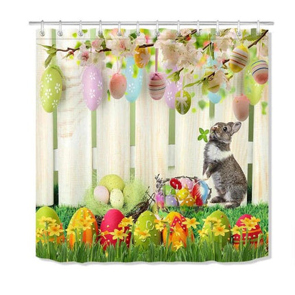 Duschvorhang Ostern mit Hase und Zaun