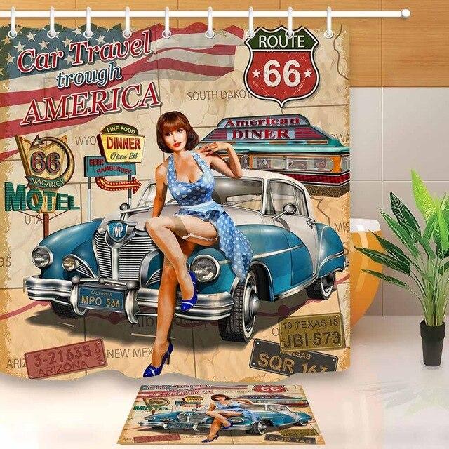 Duschvorhang Retro Pin-Up Route 66