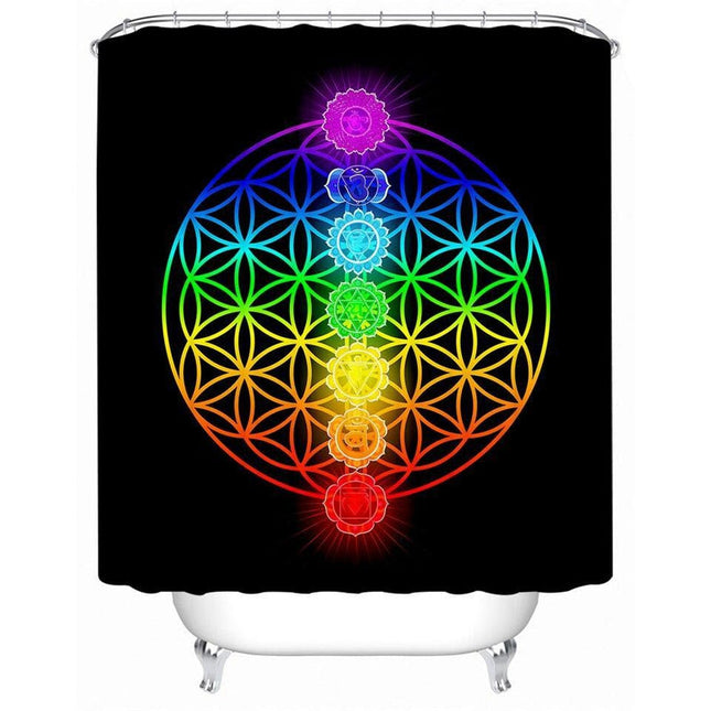 Duschvorhang Lebensblume mit Chakra Symbolen
