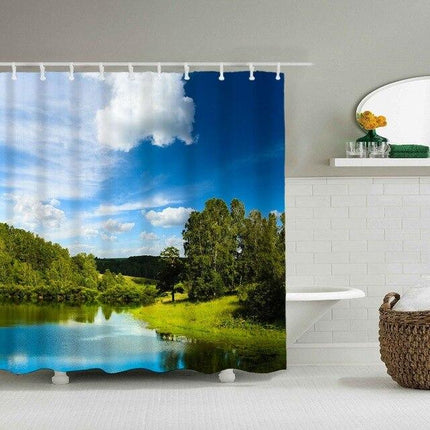 Duschvorhang mit idyllischer Landschaft am See