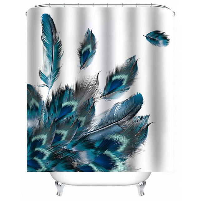 Moderner Duschvorhang mit blauem Federmotiv